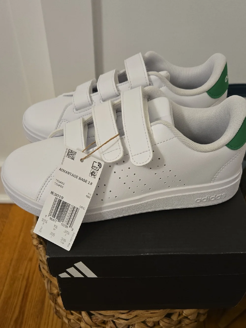 adidas Kids White Sneakers with Green Heel Tab and Velcro Straps